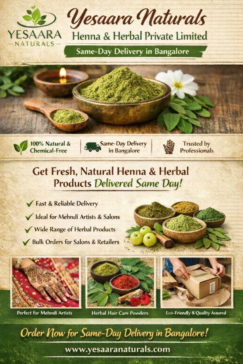Yesaara Naturals henna and herbal products offering same-day delivery in Bangalore