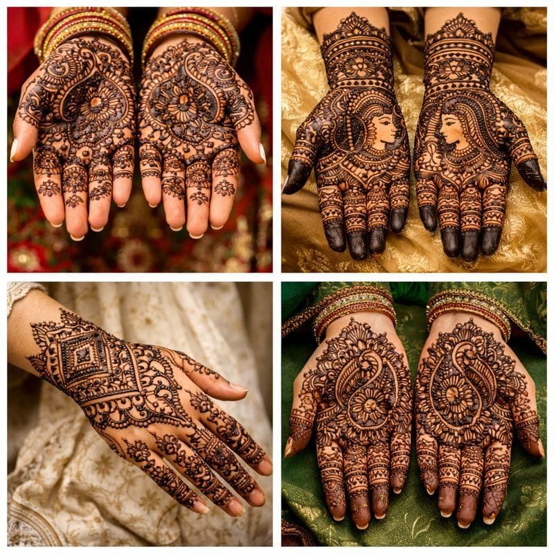 Close-up of hands as finely sifted henna paste is applied with cones to create intricate floral and geometric designs on the skin.