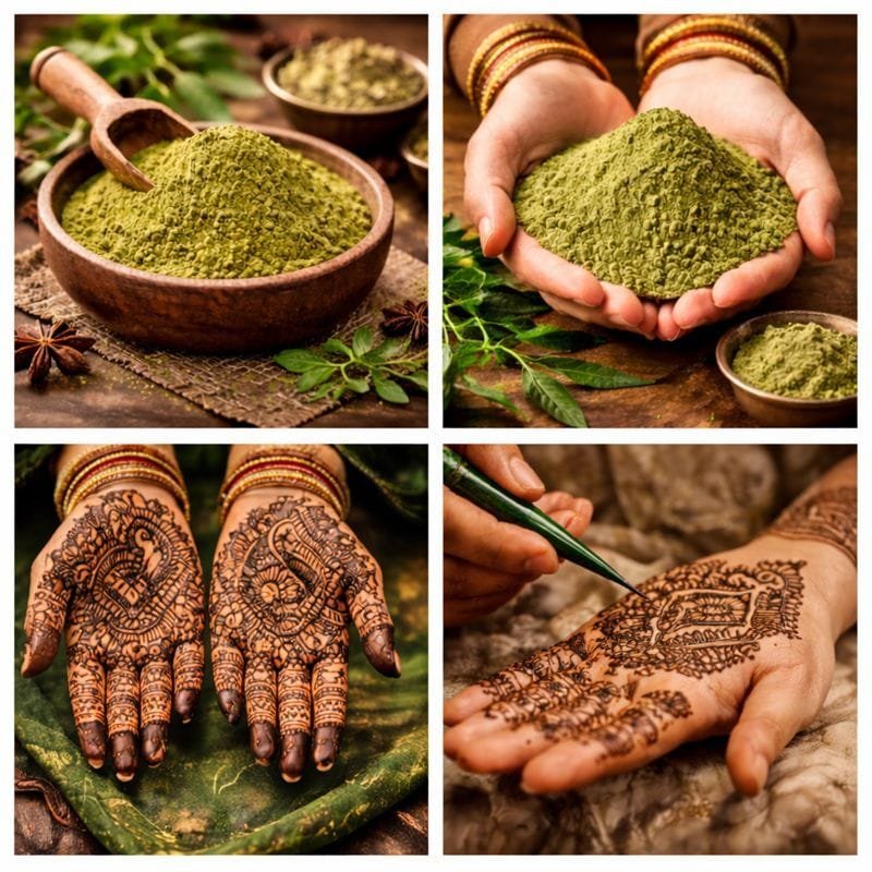 Natural henna powder shown in bowls and cupped hands, paired with detailed henna designs applied on palms using fine mehndi patterns.