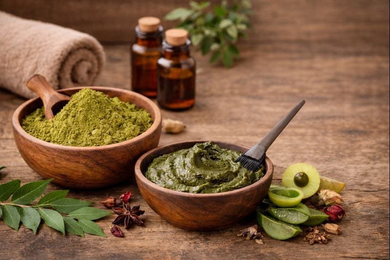 Henna hair treatment with natural henna powder and herbal paste for healthy hair