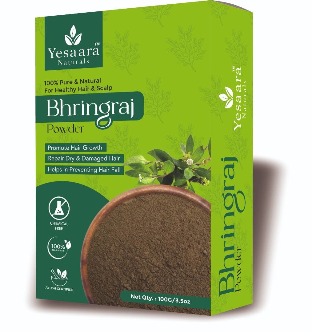 Natural green Bhringraj powder close-up for herbal hair care