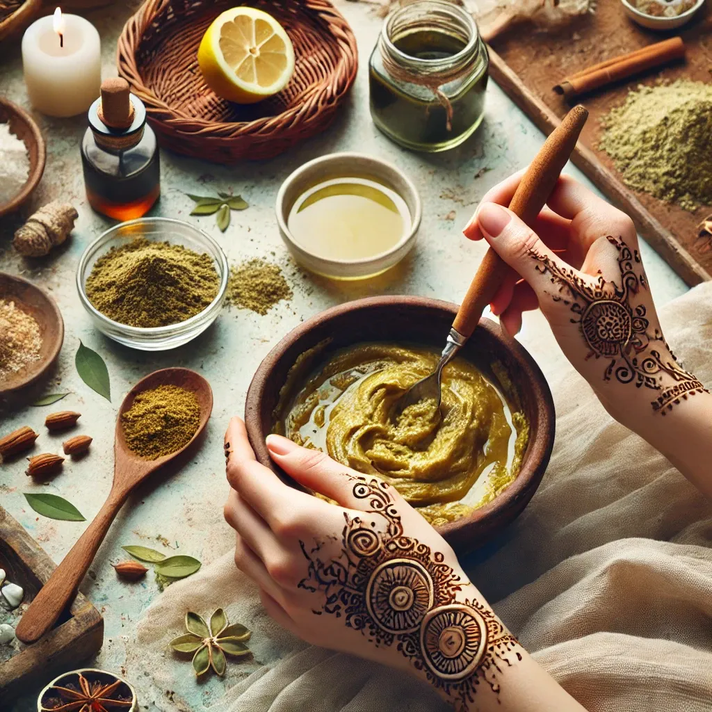 “Henna powder mixed into paste, olive-green in color, resting in a bowl before use.”