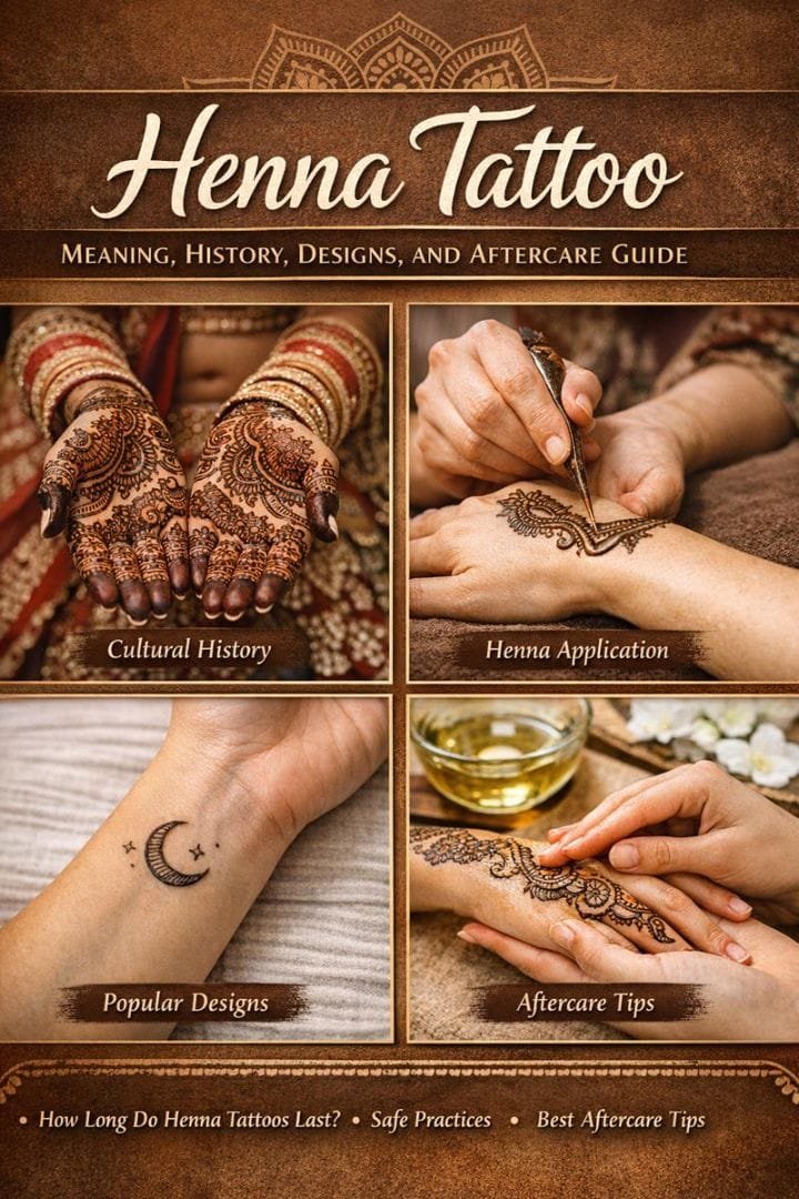Henna tattoo guide showing traditional bridal henna, application process, popular designs, and aftercare tips