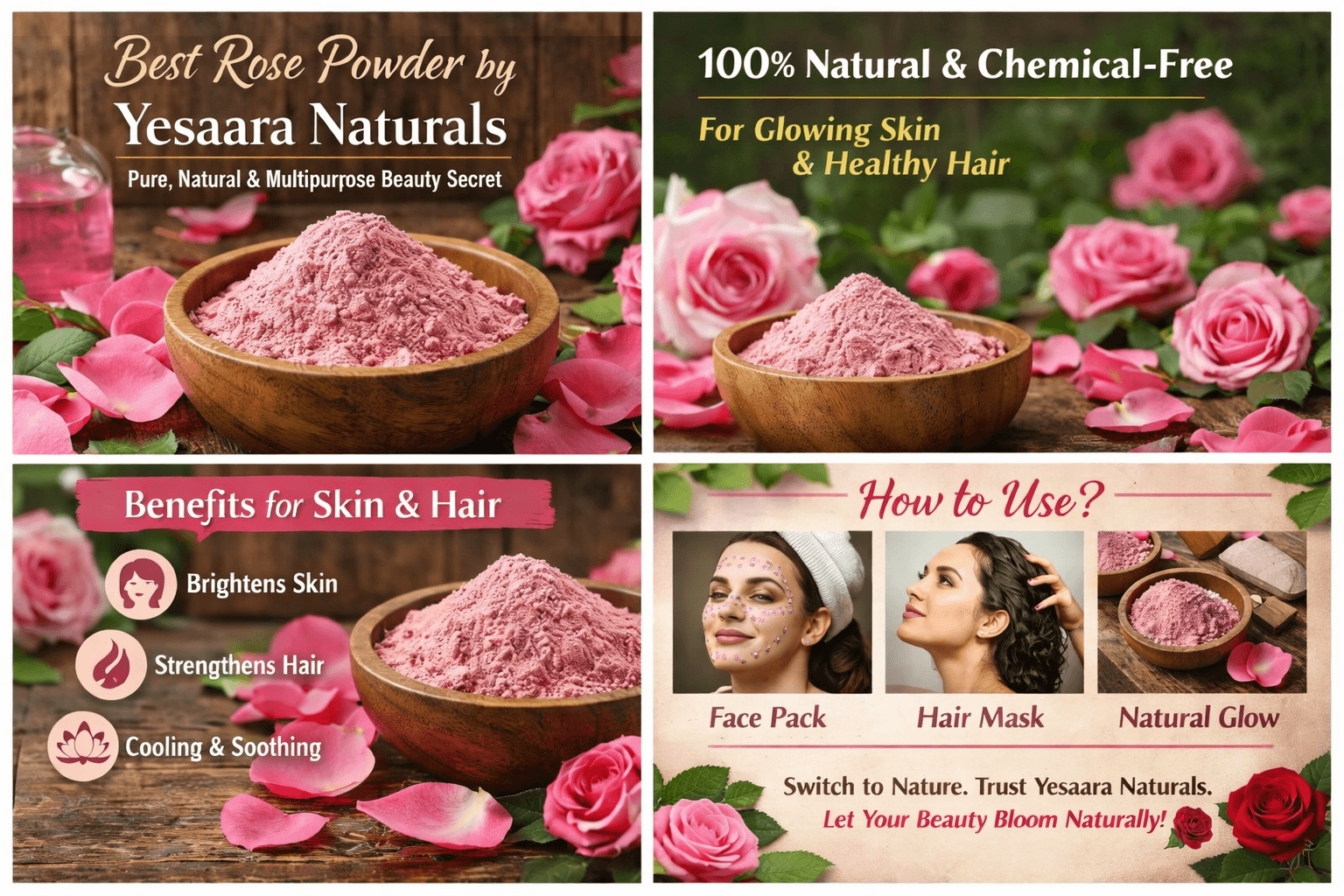 Best rose powder by Yesaara Naturals in a wooden bowl with fresh rose petals for natural skin and hair care