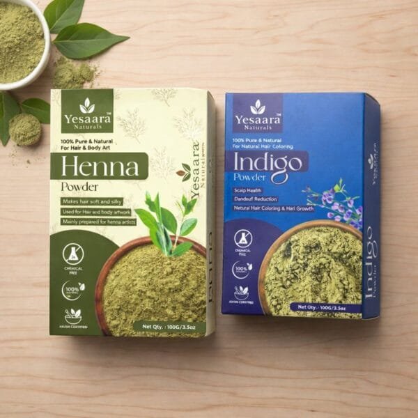 Natural henna powder made from dried Lawsonia inermis leaves and Organic indigo powder made from Indigofera tinctoria leaves