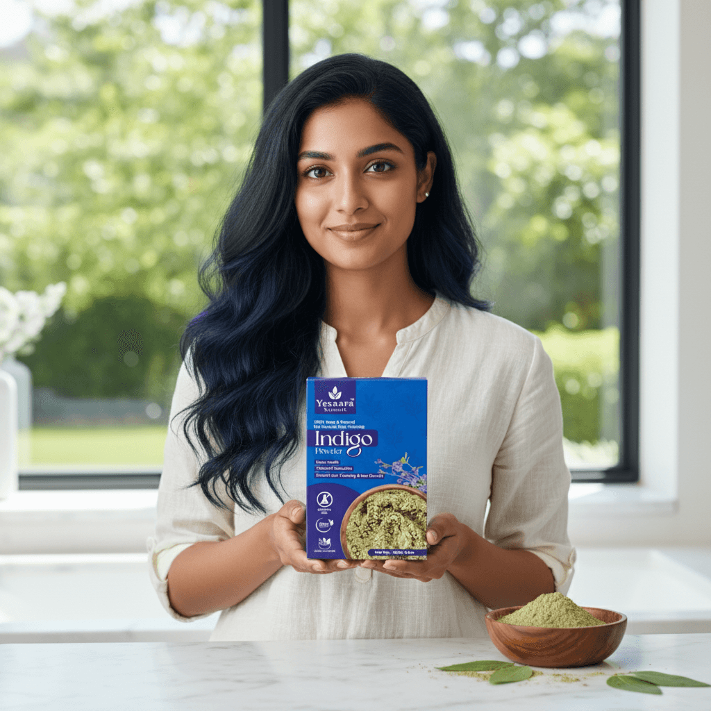 Indigo henna powder made from natural indigo leaves for chemical-free hair coloring