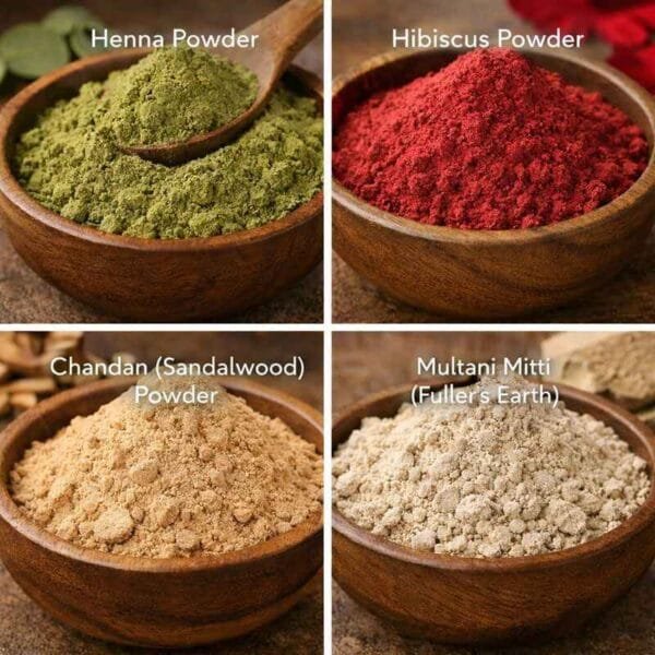Plant based beauty powders including henna powder, hibiscus powder, chandan sandalwood powder and Multani Mitti