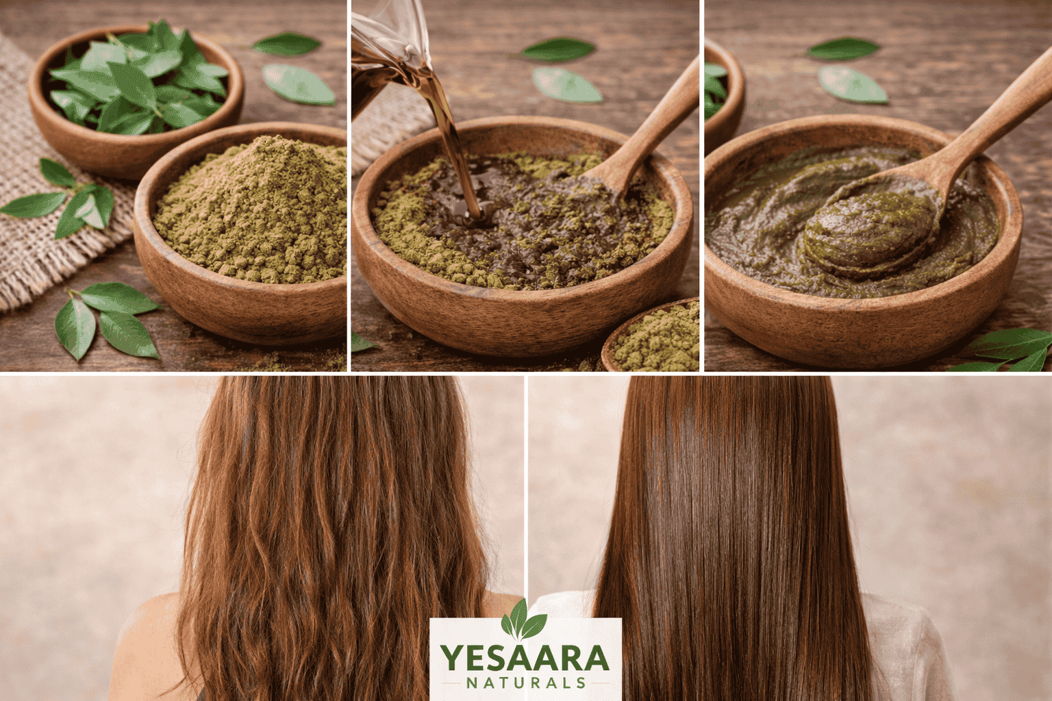 Organic henna powder in wooden bowl with fresh henna leaves – YESAARA NATURALS