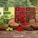 Yesaara Naturals herbal hair care powders – Henna, Amla, Hibiscus, Shikakai and Reetha for natural hair growth and shine