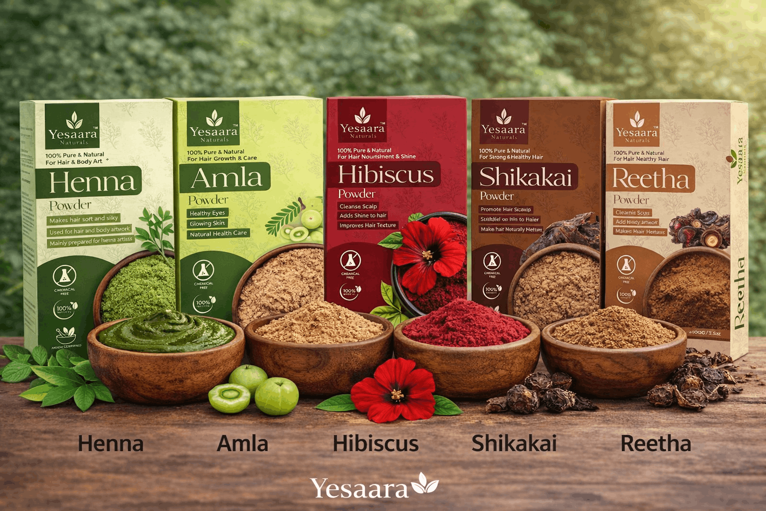Yesaara Naturals herbal hair care powders – Henna, Amla, Hibiscus, Shikakai and Reetha for natural hair growth and shine