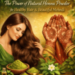 YESAARA NATURALS natural henna powder banner featuring a woman with shiny auburn hair, fresh henna powder, and hands with beautiful mehndi designs.