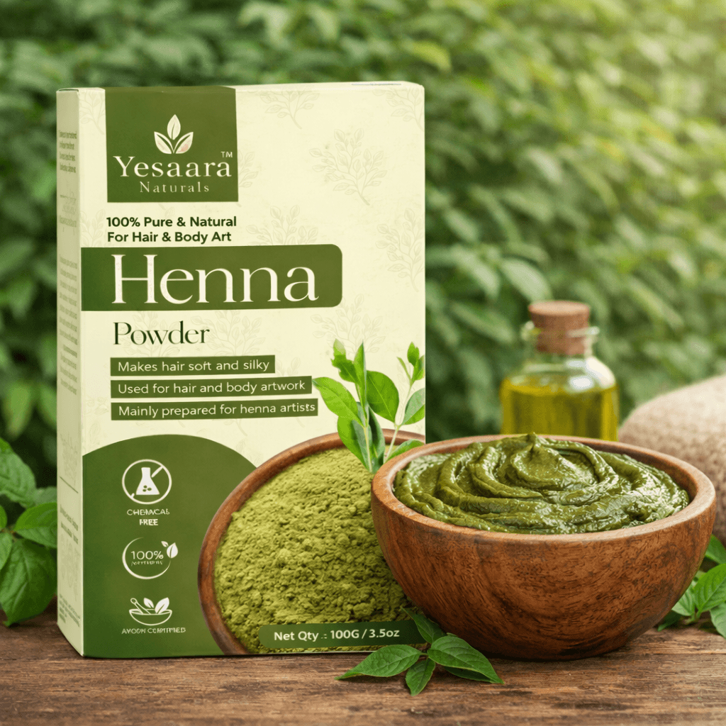 YESAARA NATURALS henna powder pack with bowl of henna paste for scalp health