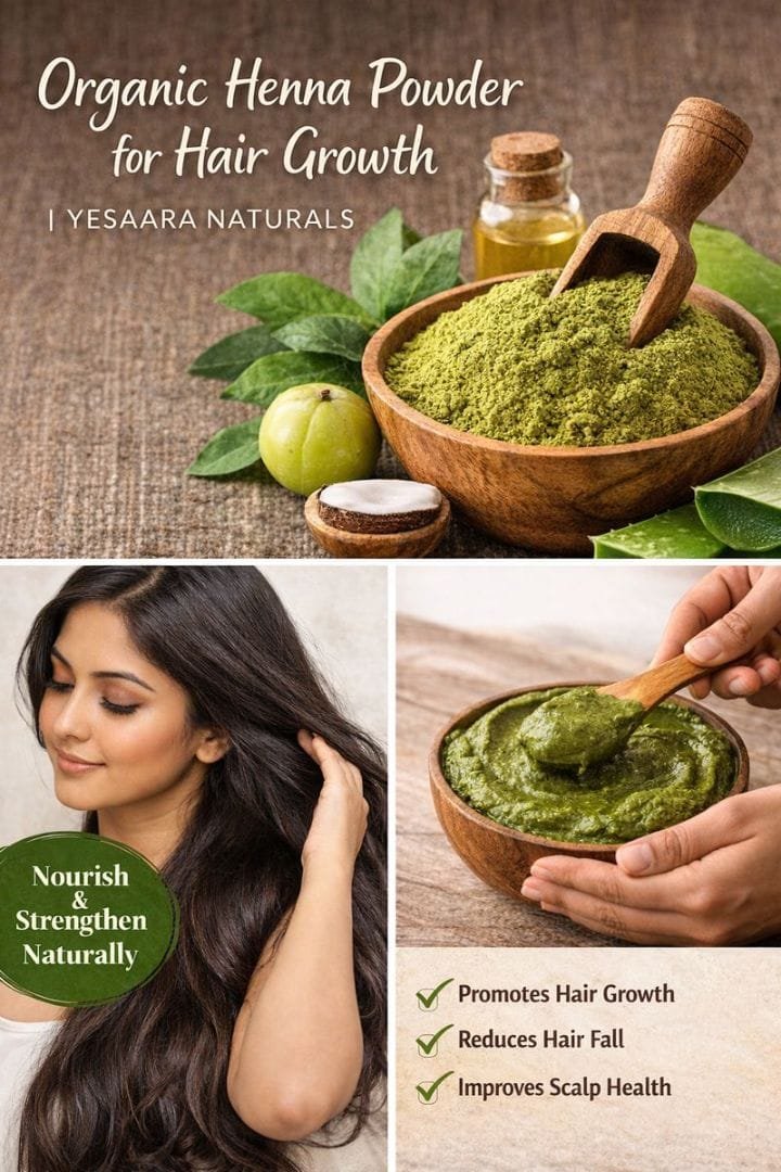 Organic henna powder for hair growth with natural ingredients like henna leaves, amla, and aloe vera, promoting healthy scalp and strong hair