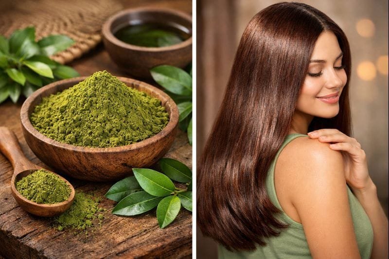 Natural henna powder and fresh henna leaves used for herbal hair care