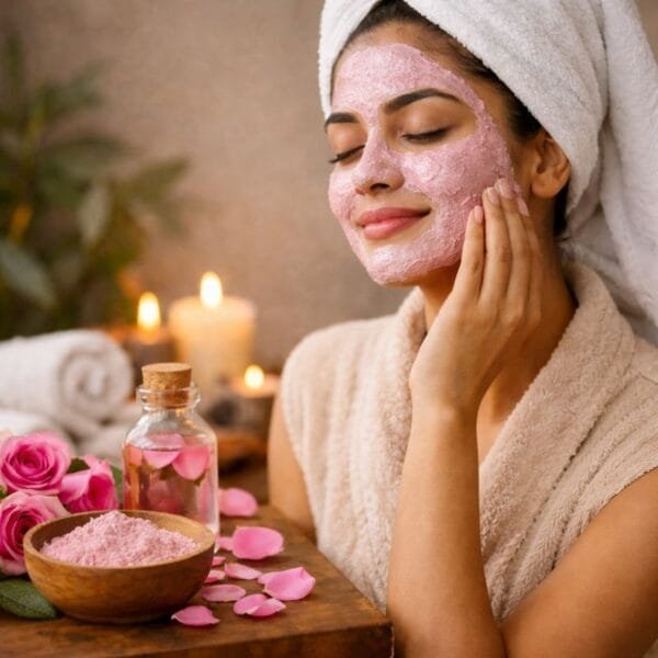 applying natural rose powder face pack for glowing skin