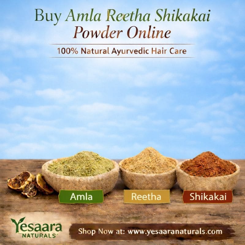 Amla Reetha Shikakai powder for natural Ayurvedic hair care by Yesaara Naturals